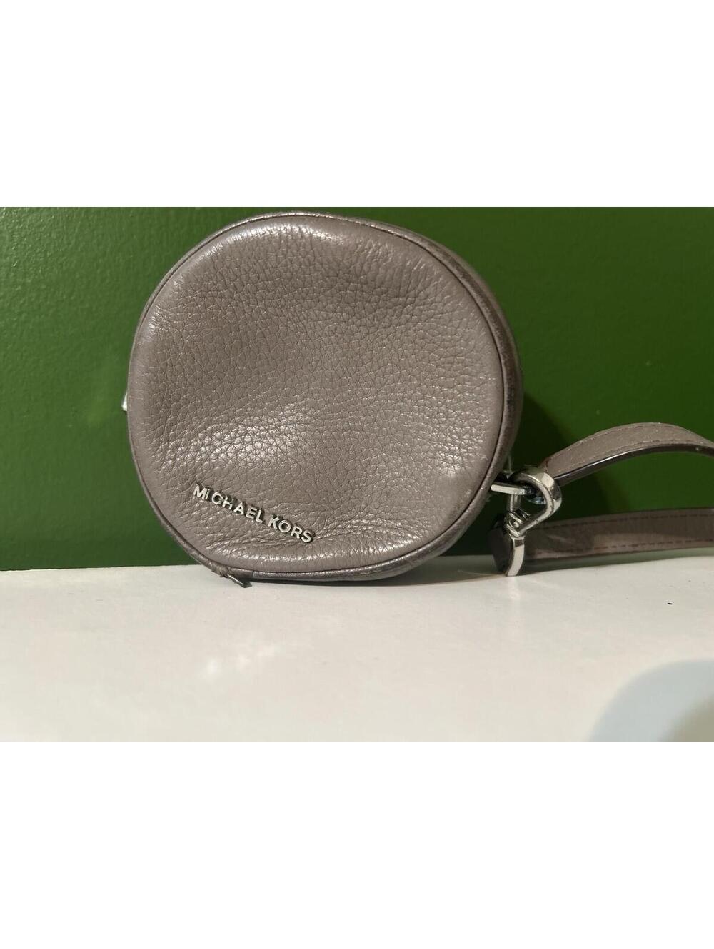 Michael Kors Gray Pebbled Leather Round Studded Wristlet Coin Purse MK